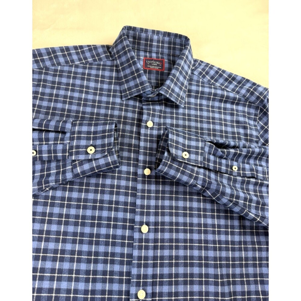 UNTUCKit Men's Large Blue Gingham Check Flannel Performance Shirt Wrinkle Free